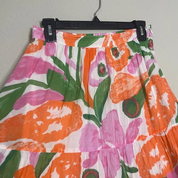 Banjanan Size Medium Agatha Midi A Line Skirt Pastel Orange Pink Cotton Floral - Picture 5 of 10
